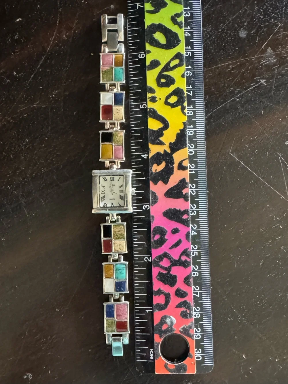 Aria Sterling Multicolor Square Stone Inlay Bracelet Watch, MOP Watch Face